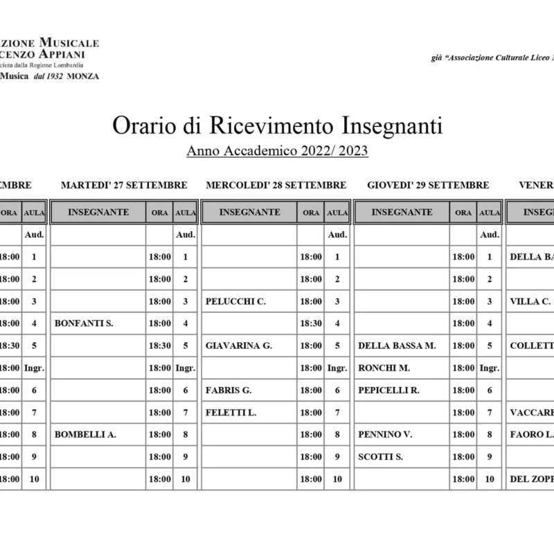 Orari ricevimento insegnanti a a 2022 2023 – Fondazione Musicale Vincenzo Appiani