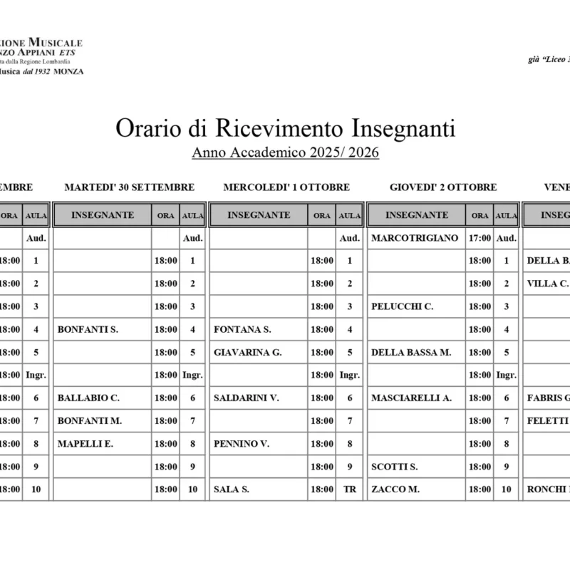 Orari ricevimento insegnanti a a 2025 2026 – Fondazione Musicale Vincenzo Appiani