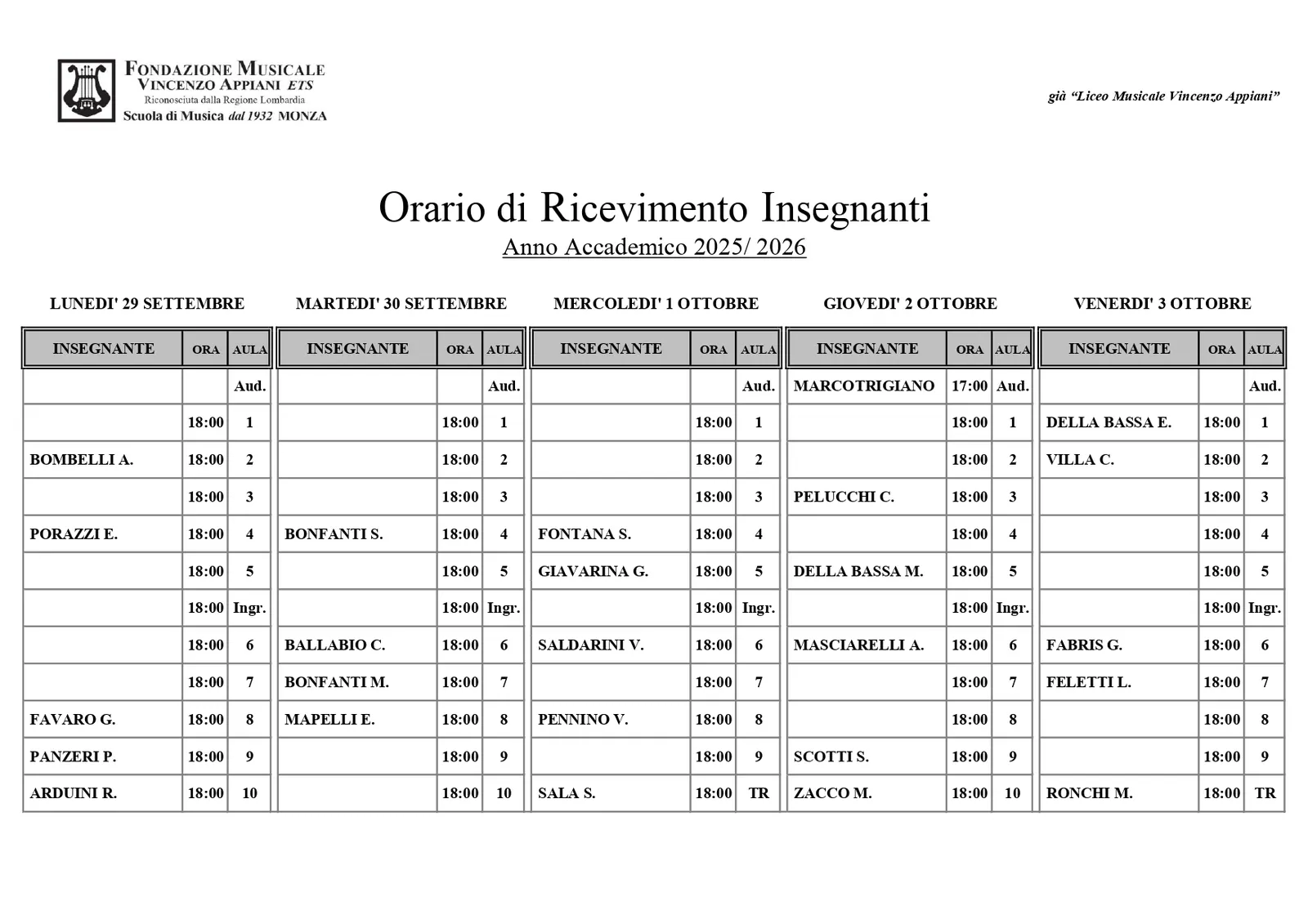 Orari ricevimento insegnanti a a 2025 2026 – Fondazione Musicale Vincenzo Appiani