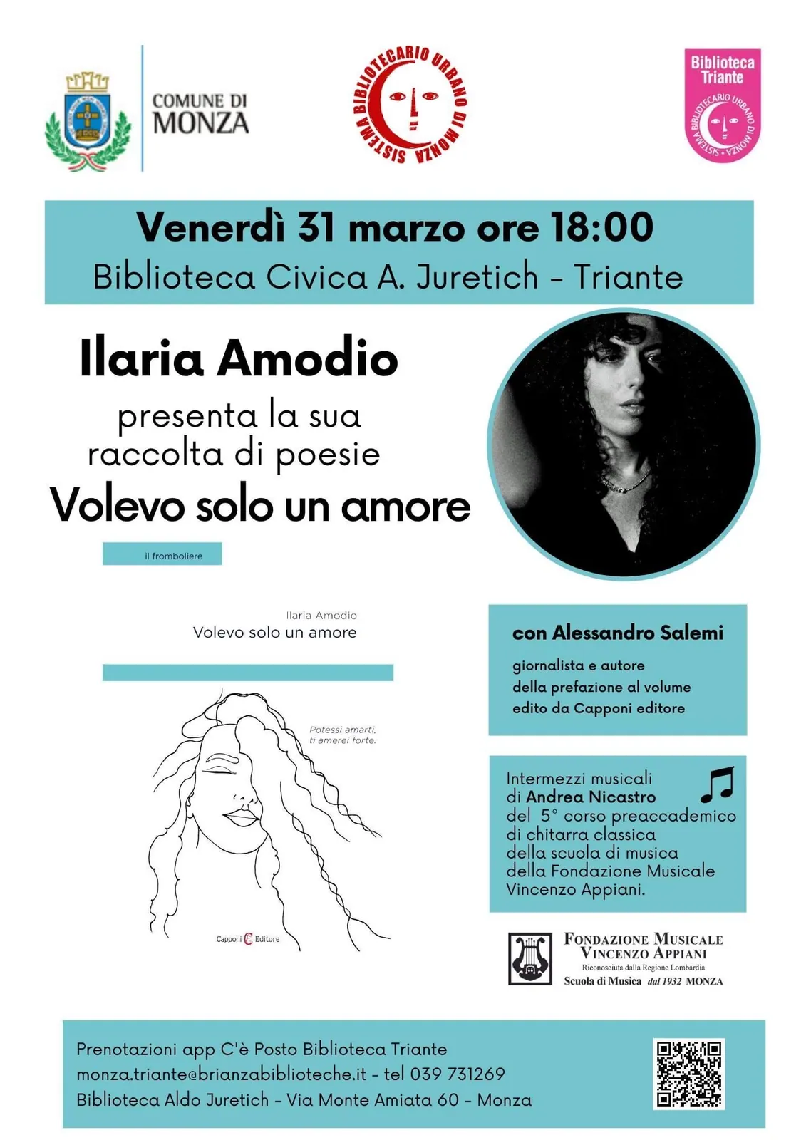 Incontro in Biblioteca con la Poetessa Ilaria Amodio: Interventi Musicali a cura della Fondazione Musicale Vincenzo Appiani