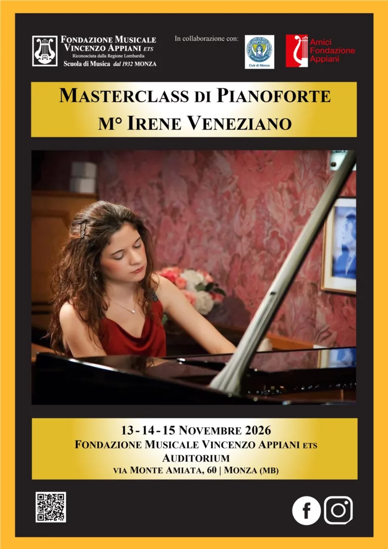 Locandina Masterclass di Pianoforte M° Irene Veneziano, 13-15 novembre 2026, Fondazione Musicale Vincenzo Appiani