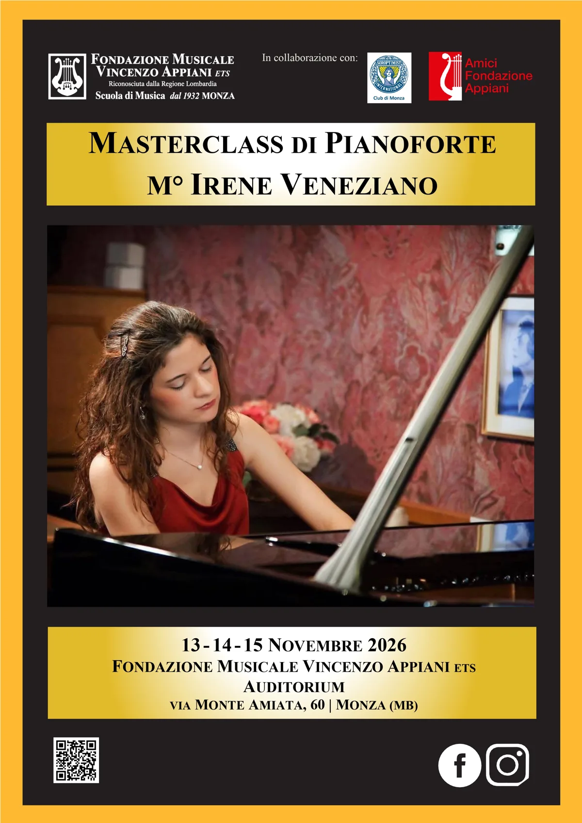 Locandina Masterclass di Pianoforte M° Irene Veneziano, 13-15 novembre 2026, Fondazione Musicale Vincenzo Appiani