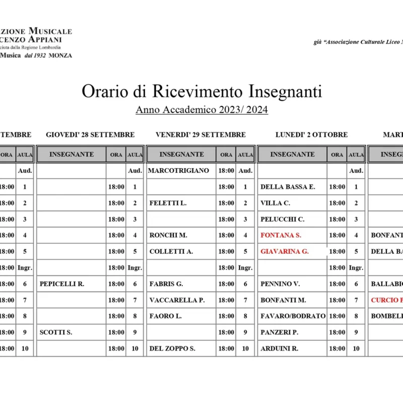 Orari ricevimento insegnanti a a 2023 2024 – Fondazione Musicale Vincenzo Appiani