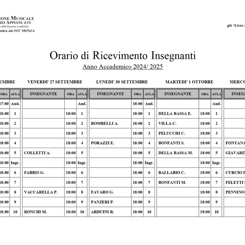 Orari ricevimento insegnanti a a 2024 2025 – Fondazione Musicale Vincenzo Appiani