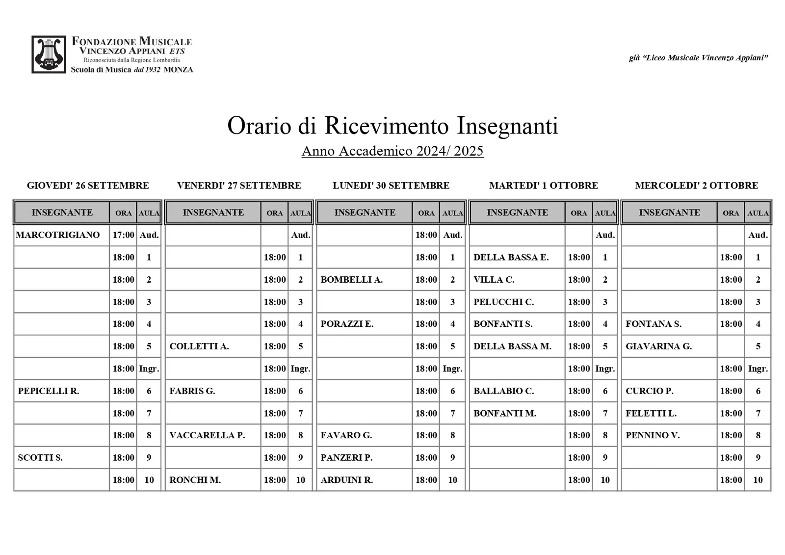 Orari ricevimento insegnanti a a 2024 2025 – Fondazione Musicale Vincenzo Appiani